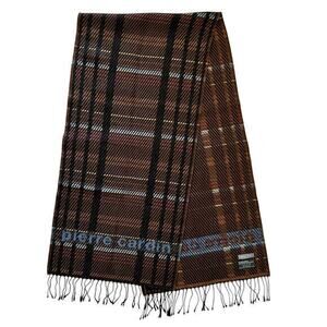 Pierre Cardin Vintage Jacquard Logo Brown Plaid Wool-Blend Fringe Muffler Scarf